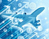 Airplane with background of app icons and arrows