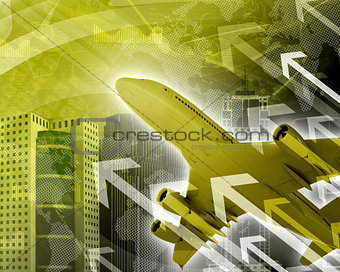 Airplane with background of skyscrapers and arrows