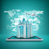 Airplane with background of skyscrapers on tablet