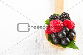 Forest berries in wooden spoon