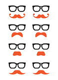 Geek glasses and ginger moustache or mustache vector icons