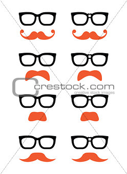 Geek glasses and ginger moustache or mustache vector icons