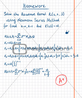 Resolvent kernel using Neumann Series method hand drawn on school paper.