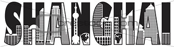 Shanghai City Skyline Outline Text Black and White Illustration