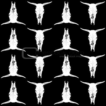 White over black cow skull seamless pattern.