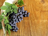Brush ripe sweet grapes with a traditional drinking horn on wooden background