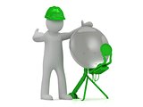 3d man in green helmet adjusts the green satellite 