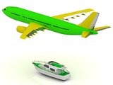 Green passenger airliner and green boat