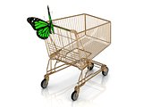Shopping gold trolley in high definition and green butterfly 