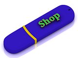 Shop - inscription on blue USB flash drive