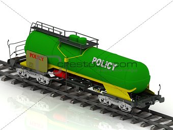 POLICY inscription on green railway wagon