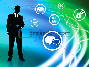 Businessman on Liquid Background with Internet Icons