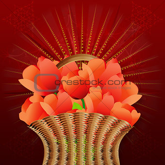 Basket of tulips on red background