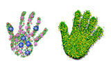 Hand print of grass, flowers and leaves