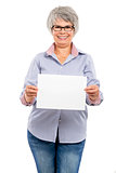 Elderly woman holding a blank paper card