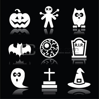 Halloween black icons set - pumpkin, witch, ghost on black