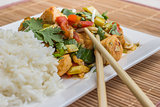 Asian dish with chicken, vegetables and cilantro