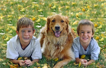 Boys with Dog in Fall