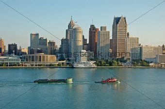 Detroit skyline and riverfront daytime
