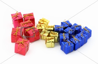 multicolored gifts on white