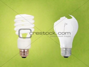 compact fluorescent vs broken bulb on green