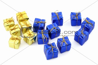 golden and blue gifts isolated on white