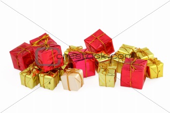group of various christmas gifts on white