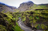 Landscape view of Thorsmork mountains canyon and river, Iceland