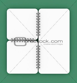 white binder pages with metal rings on green background, 3d