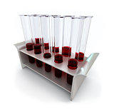 Set of laboratory equipment with chemical solutions and young sunflower isolated on white background with clipping path.