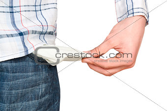 Man Pulling out Empty Pocket Isolated on white background