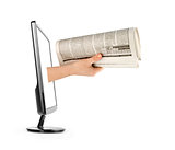 hand with newspapers in screen
