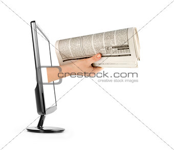 hand with newspapers in screen