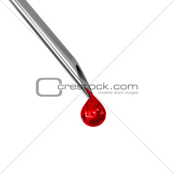 Drop of blood on needle focus shot on white background, 3d