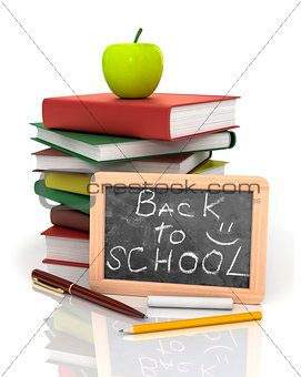 back to school: blackboard slate and stack of books with apple on top over white background