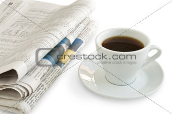 Coffee cup with newspaper isolated on white