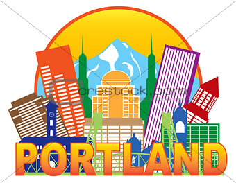 Portland Oregon Skyline Circle Color Illustration