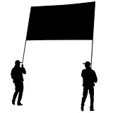 Black silhouettes of men carrying a banner on a white background