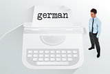 The word german and happy businessman standing with hands in pockets