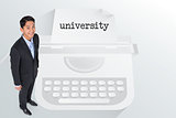 The word university and smiling asian businessman