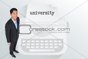 The word university and smiling asian businessman