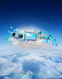 Composite image of laptop on floating cloud with apps