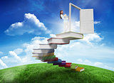 Composite image of side view of young woman carrying a pile of books