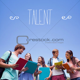Talent against students standing and chatting together