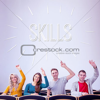 Skills against college students raising hands in the classroom