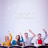 Success against college students raising hands in the classroom