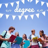 Degree against students standing and chatting together