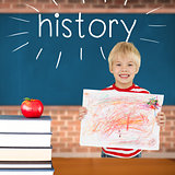 History against red apple on pile of books in classroom