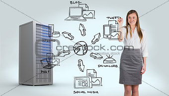 Composite image of smiling businesswoman writing with whiteboard marker