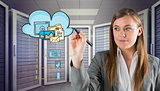 Composite image of smiling businesswoman writing with pen